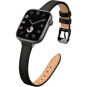 STIROLL Slim Leather Bands Compatible with Apple Watch Band 49mm 46mm 45mm 44mm 42mm(Series 3 2 1), Top Grain Leather Watch Thin Wristband for iWatch Ultra SE Series 11 10 9 8 7 6 5 4(Black)