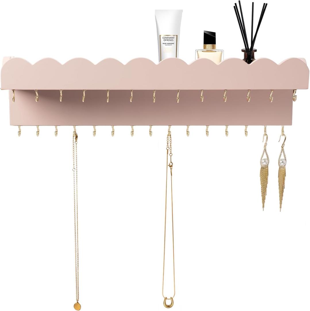 Wall Mount Jewelry Organizer with 28 Hooks and Cosmetics Shelf, Modern Wood Hanging Jewelry Holder for Necklaces, Bracelets, Earrings and Rings, Pink