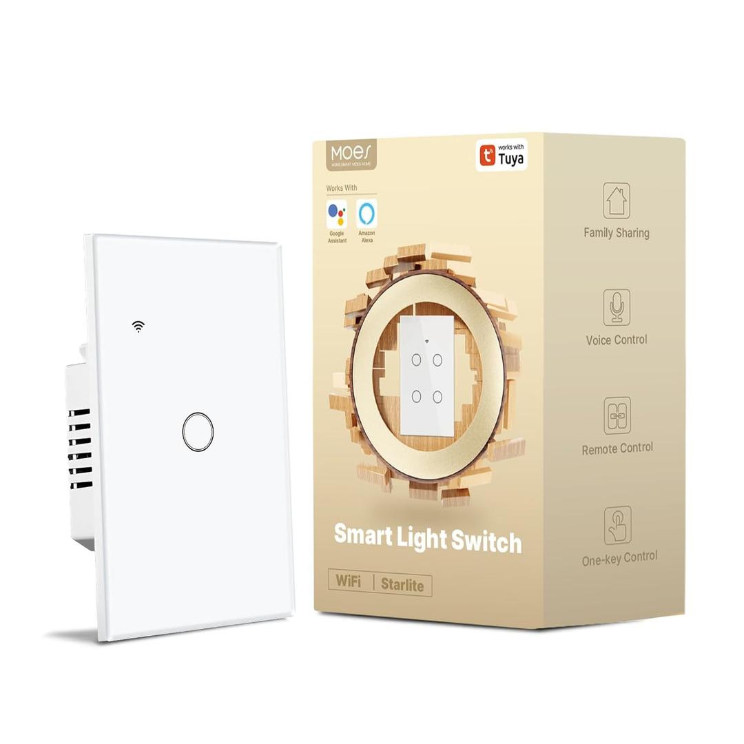 MOES 2nd Generation Smart Touch Wall Switch, 2.4GHz Wi-Fi Single Fire Single Pole Switch, No Neutral Wire Required, Remote MOES APP Control, Compatible with Alexa and Google Home 110V White 1 Gang