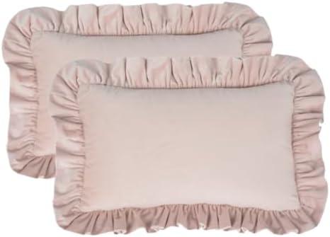 MOJUN 12x20 inches Throw Pillow Covers Set of 2, Soft Ruffle Velvet Decorative Pillow Covers Case Square Cushion Pillow Covers for Sofa Couch Bedroom Living Room Farmhouse Decor, Light Pink
