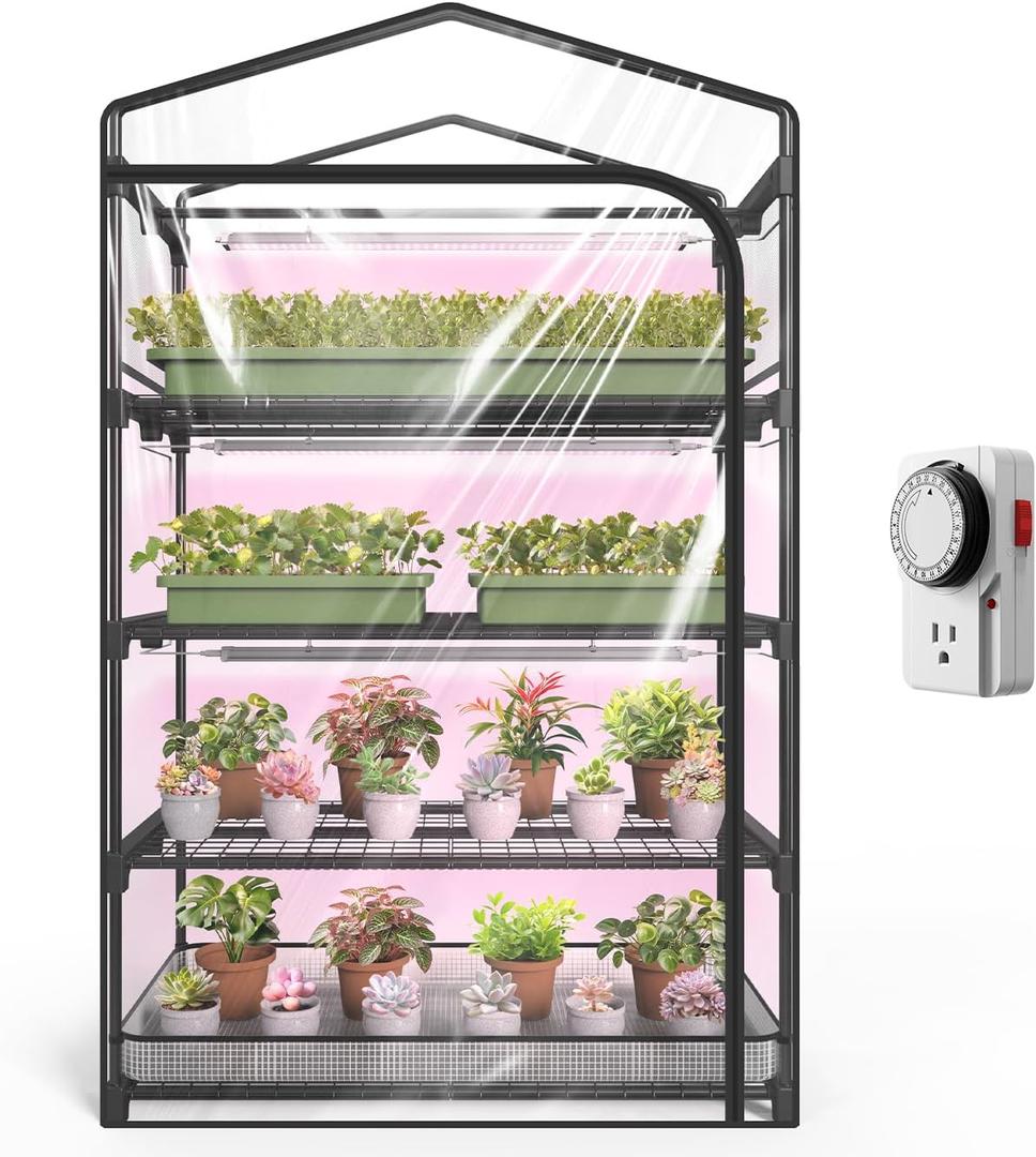Indoor Greenhouse with Grow Light, 4-Tier Plant Shelf with T5 1.6FT 32W Full Spectrum LED Grow Light for Seed Starting, Succulent, Settable Timer Socket, 39" L x 19" W x 64" H