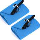 Mile High Life Tri-fold Golf Towel | 16" X 24" | Premium Microfiber Fabric | Waffle Pattern | with Heavy Duty Carabiner Clip | for Men and Women (2 Pack Blue)