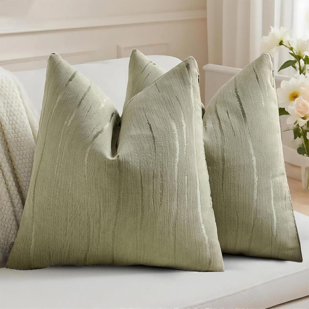 HAUSSY 2 Pack Pillow Covers 18x18 Inch, Boho Embossed Decorative Throw Pillows Soft Striped Cushion Cover Home Decor Textured Patten Pillowcase for Couch Living Room Sofa Bed, Olive Green(Covers Only)