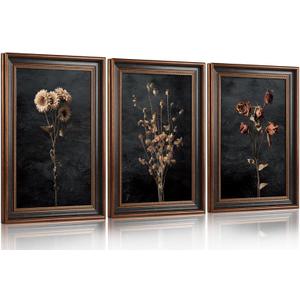 Aryroi Large Floral Framed Canvas Wall Art 16x24 Inch Set of 3 Dark dried Floral Wall Decor Vintage Botanical Art Print for Living Room Bedroom Office (24L" x 16W")