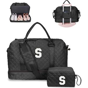 Gifts for Granddaughter-Initial Duffle Bag with Shoe Compartment, Personalized Weekender Bag, Monogram Overnight Bag, Letter Travel Bag with Makeup BagDaughter Friend Gifts (Letter S), 12 inches x 7 inches x 2 inches