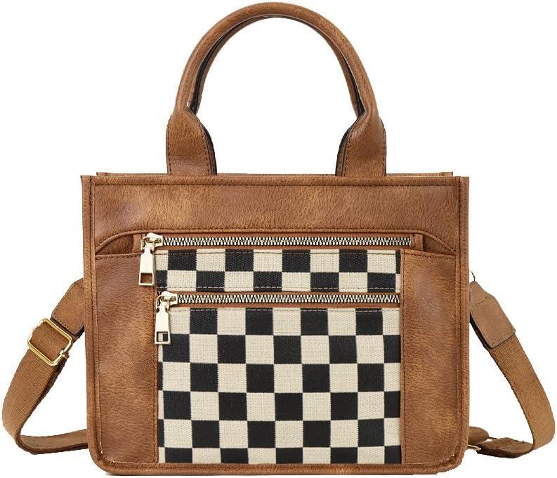 Checkered Crossbody Bag Vegan Leather Shoulder Purse Plaid Slouchy Tote Handbags for Women