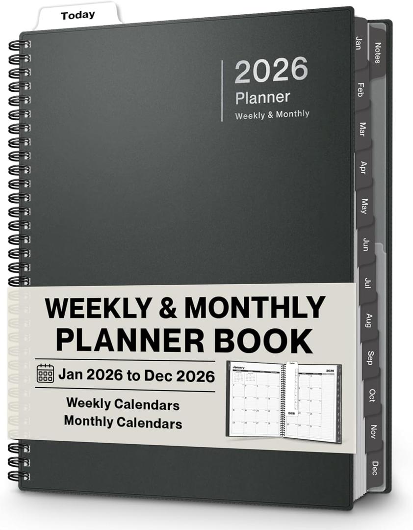 Dunwell 2026 Planner Book 8.5x11, Weekly Monthly Calendar, Jan to Dec, Large Daily Organizer with Laminated Tabs, Bookmark, Notes Section & Stickers (Charcoal Gray)