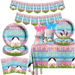 Easter Party Supplies-Happy Easter Tableware,142pcs Easter Plates and Napkins Bunny Plates Easter Tablecloth for Colorful Spring Easter Party (Tableware)