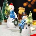 iStatue Resin Snowmen Figurines with Lighted Christmas Tree and Wreath 5'' - Set of 2 Battery Operated - Holiday Decorations Home Decor (Snowman)