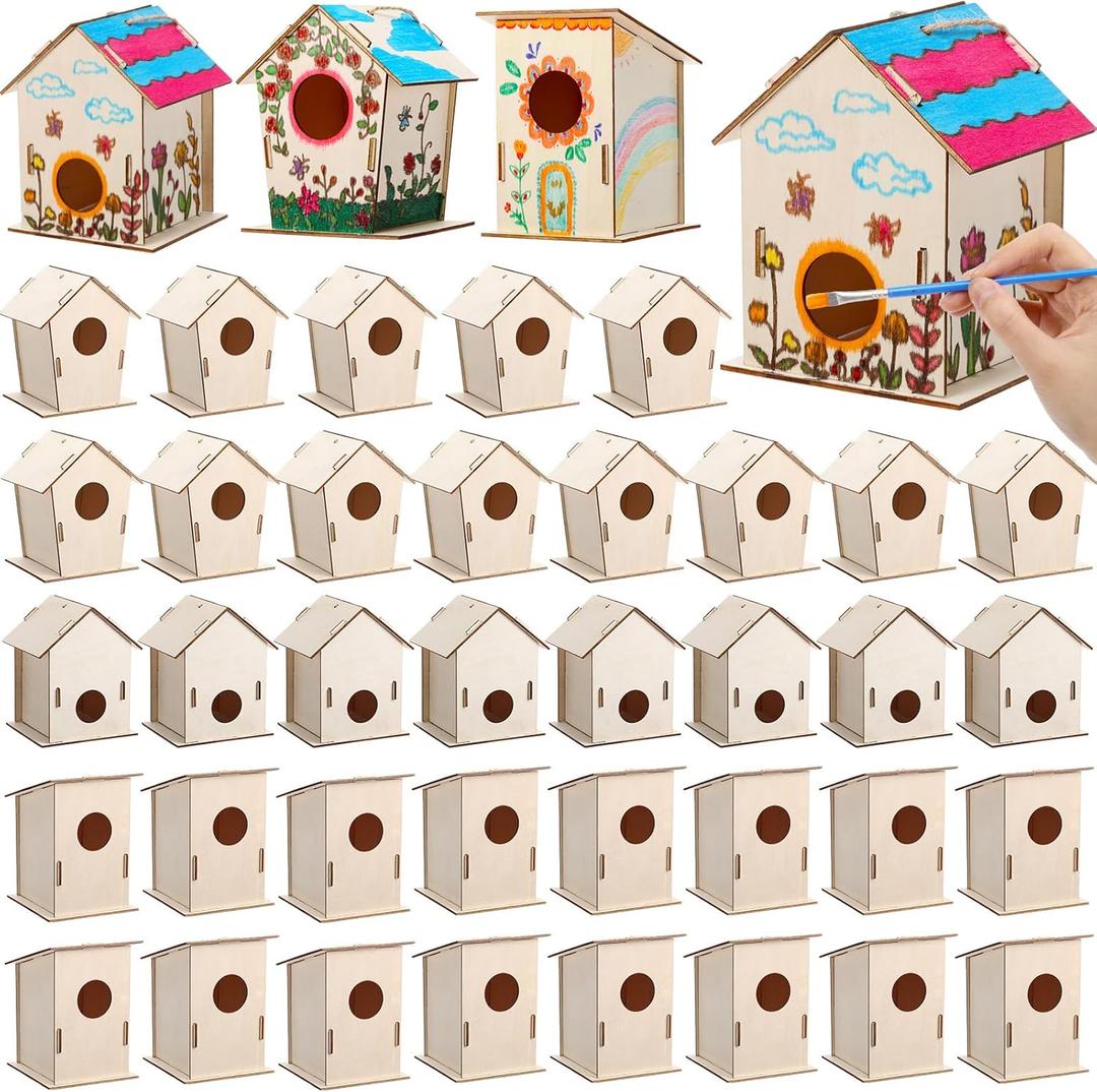 DoubleFill 12 Pcs Bulk Wooden Bird Houses Kits for Kids DIY Bird House Kit Unfinished Wood Birdhouse Wooden Crafts to Paint, Build, and DIY for Valentines Crafts Classroom Activity, 3 Styles