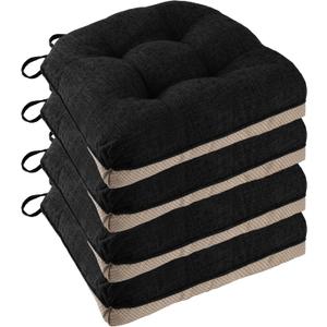Non Slip Chair Cushions for Dining Chairs Set of 4 Kitchen Chair Cushions 18"x18"x3" Turfted Chair Pads Comfortable and Soft Seat Cushion with Ties, Black