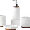 Bathroom Accessories Set 4 Pcs Toothbrush Holder Soap Dispenser Ceramic and Wood Bathroom Decor Set Contain Toothbrush Cup Soap Dish Tumbler White (A-white)