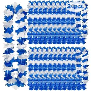 24 Pack Hawaiian Leis Bulk, Blue White Graduation Leis 41in Tropical Luau Party Flower Necklace, Gender Reveal Floral Garland, Beach Bachelorette Wedding Summer Pool Party Cruise Trip Decorations