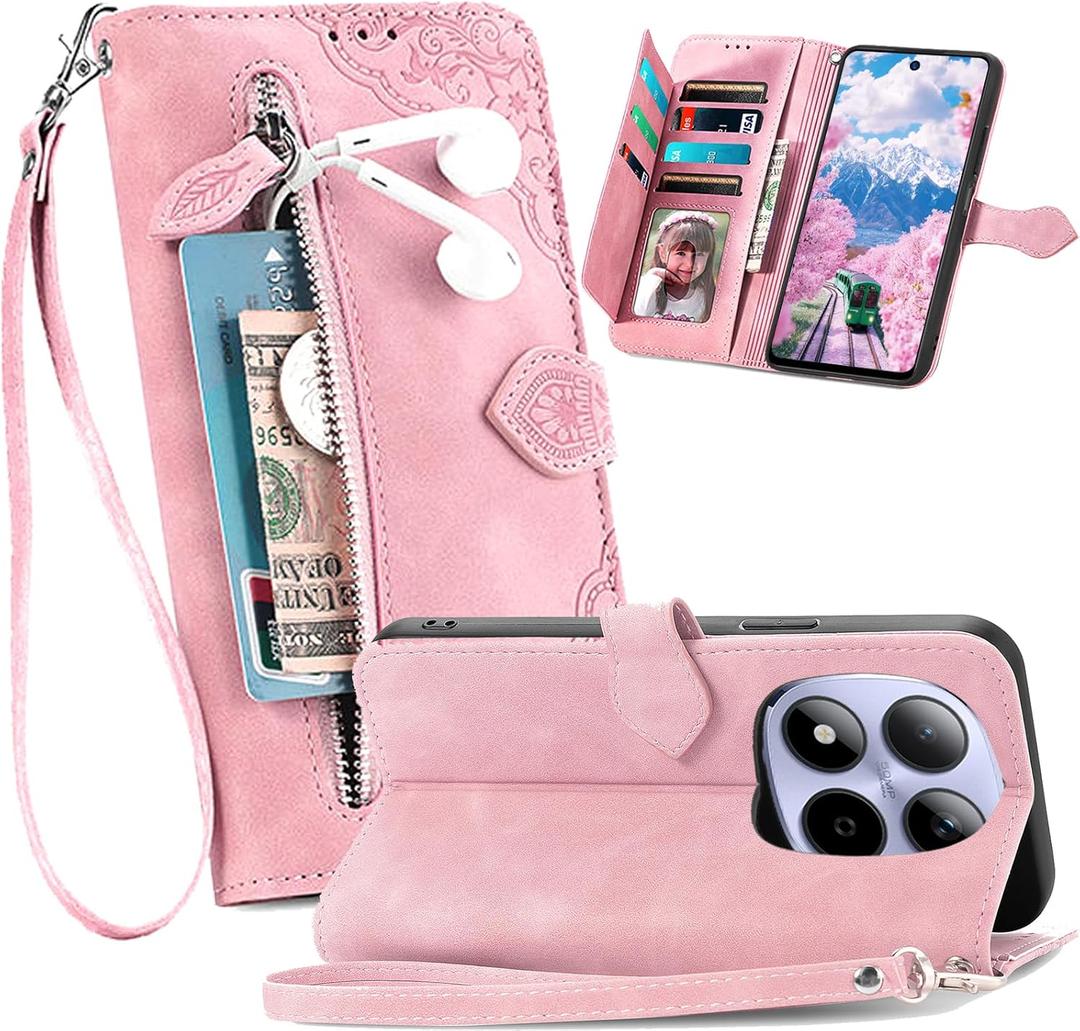 Zipper Wallet Case for Xiaomi Redmi Note 15 Pro 5G with 7 Card Slots, Women Retro Embossed Flower Flip PU Leather Cover with Kickstand & Wrist Strap Lanyard for Redmi Note 15 Pro 5G SZY Pink