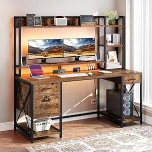 DWVO Computer Desk with Drawers & Hutch, 59.1" Office Desk with Power Outlets & LED Lights, Home Office Desk with Storage Shelves