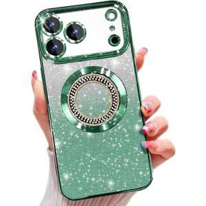 Misscase for iPhone 17 Pro Magnetic Glitter Case Compatible with MagSafe,Full Protection Slim Shockproof Anti-Scratch Case with Camera Lens Protector Plating Bling Dust-Proof Net Green