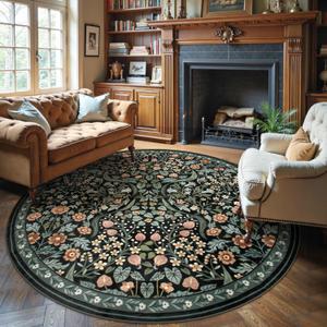 Moynesa Floral Round Area Rugs 6ft, Washable Boho Round Living Room Rug, Non Slip Soft Large Circle Rugs for Dining Room, Botanical Ultra Thin Floor Carpet for Bedroom Kitchen, Black