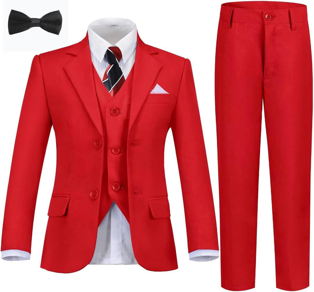 Boys Formal Suit Set Kids Tuxedo Suits for Boys Easter Wedding Outfit with Ties and Pocket Square (7, Red-7pcs)