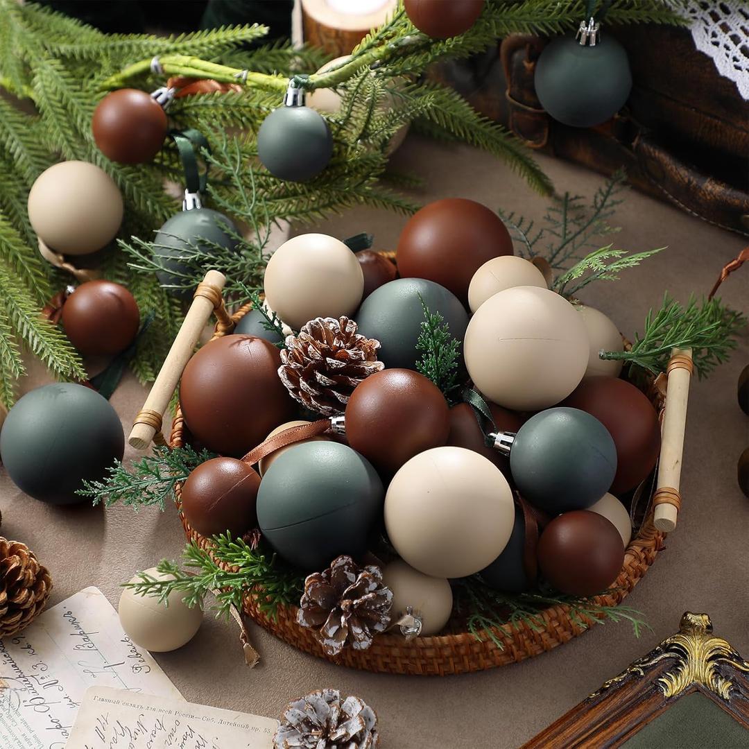 Giegxin 48 Pcs Boho Christmas Ball Ornaments Neutral Matte Christmas Tree Decorations Vintage Rustic Xmas Hanging Decor Assorted Size Boho Ornaments for Tree Party Xmas Winter Farmhouse Holiday
