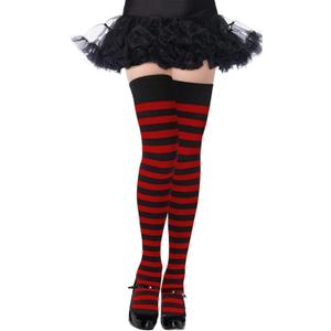 Moon Wood Womens Thigh High Socks Striped Knee High Socks Extra Long Cotton Knit Over the Knee Socks for Halloween (One Size, Black & Red)