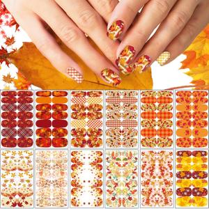 12 Sheets Fall Full Nail Wraps Stickers, Autumn Nail Polish Strips DIY Self-Adhesive Maple Leaf Nail Art Decals with 2 Piece Nail Files for Thanksgiving Party Decor (168 Pieces)