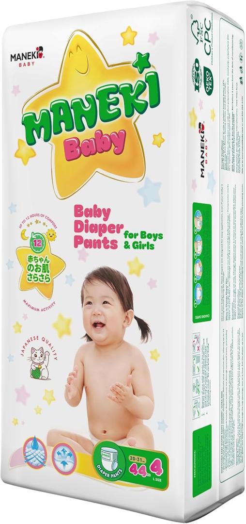 MANEKI Size 4 Diaper Pants, Disposable Size 4 (20-31 lbs), 44 Count, Pull-Ups Style, Sensitive Skin, Super Absorbent