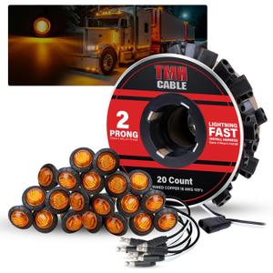 TMH 20 Pcs 3/4 Inch Side Marker Amber Lights with Connector Plug + 2 Pin Continuous Wire Harness Roll, Mix Pack for Plug and Play Hassle-Free Installation for Truck Trailer RV Pickup