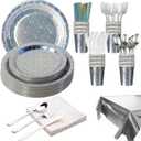 201-piece disposable party tableware set with paper plates, cups, napkins, straws, tablecloths, plastic knives, forks and spoons for a variety of party occasions for up to 25 people (Silver Star)