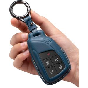for GMC Key Fob Cover Leather Car Remote Case Holder Keychain Compatible for Chevy Tahoe Suburban Silverado GMC Sierra Yukon Denali Buick -Blue