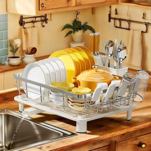 MOUKABAL Dish Drying Rack, Dish Rack, Stainless Steel Dish Racks for Kitchen Counter, Dish Drainer with Removable Utensil Holder, Drainboard (White,Stainless Steel,13''W x 17''L)