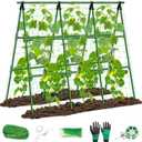Cucumber Trellis for Raised Bed, Foldable A-Frame Garden Trellis for Climbing Plants Outdoor with Climbing Net and Plant Clips, Vertical Metal Cucumber Plant Support for Vegetable,Green Beans,Zucchini