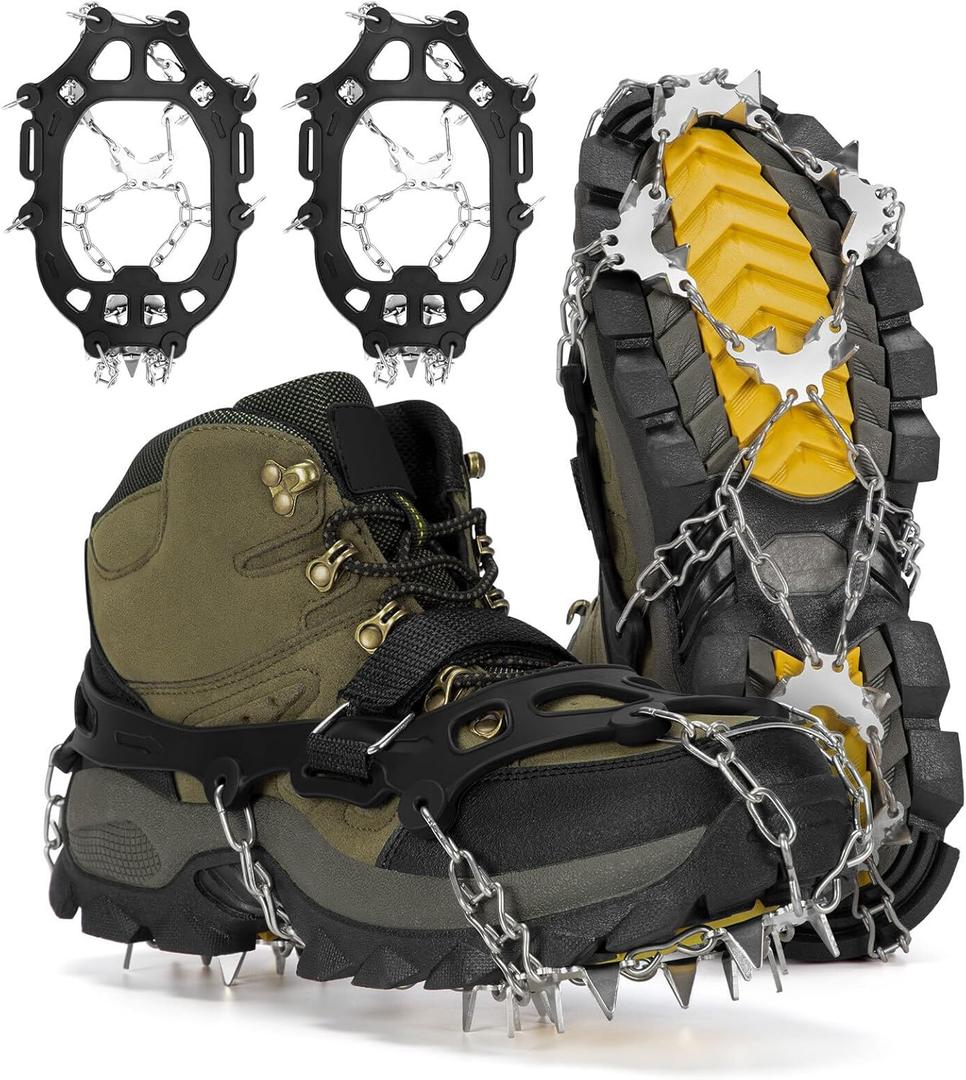 24 Spikes Crampons for Shoes, Anti Slip Ice Cleats for Shoes and Boots, Traction Ice Snow Grip with Stainless Steel Spikes and Silicone Men Women for Hiking, Walking, Climbing, Jogging,Fishing (Large)