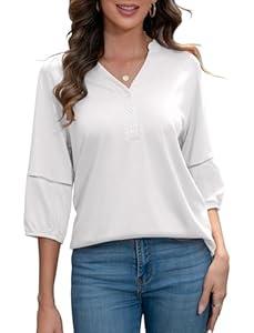 LA BAIESO 3/4 Length Sleeve Womens Tops Dressy Casual Blouses for Women 2025 Henley V Neck Shirts Loose Fit Tunic Tops Size M