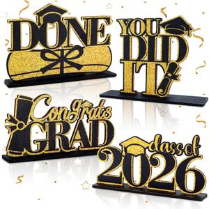 4 Pieces 2026 Graduation Party Decorations Wooden Class of 2026 Table Toppers,Photo Booth Props,Party Favor Supplies for High School/College Graduation (Black Gold)