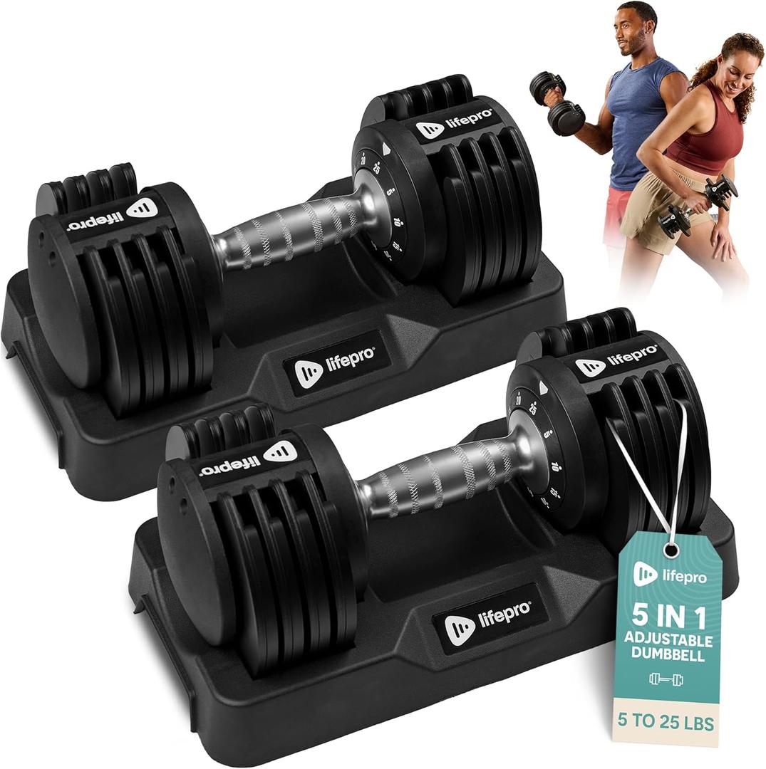 Lifepro Powerup Plus Adjustable Dumbbell Set — 5-25 lb with Twist-Select & Non-Slip Handle — Space-Saving Weights for Home Gym Strength Training