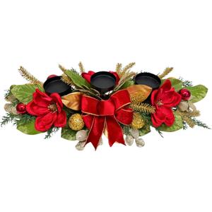 Christmas Candle Holder Xmas Decorations 3 Candle Holders with Magnolia Flowers Glitter Ball Ornaments Pine Needles Red Bow for Table Centerpiece Holiday Decor Xmas Decorations