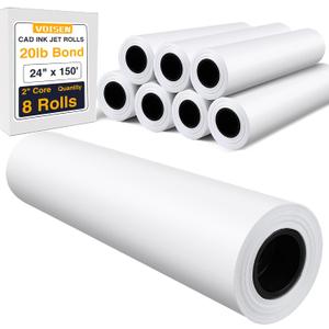 VOISEN Wide Format Paper,8 Rolls Plotter Paper 24 In x 150 Ft, CAD Bond Rolls,20lb,Bond Paper on 2" Core for CAD Printing on Wide Format Ink Jet Printers
