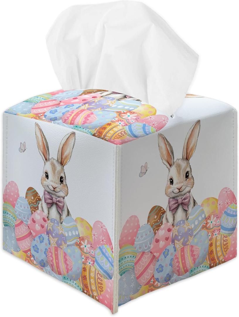 Colorful Rabbit Eggs Tissue Box Cover, Easter Square Leather Tissue Holder with Bottom Belt, Decorative Facial Paper Organizer for Home Office Car Bathroom Vanity Countertop, Easter Decorations /11