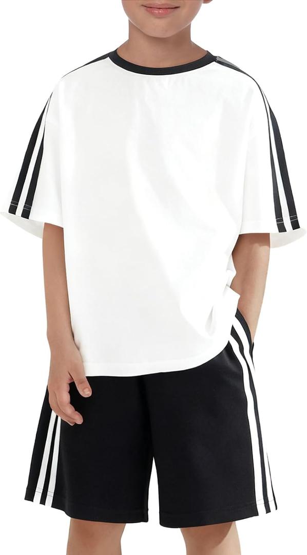 Haloumoning Boys 2 Piece Summer Outfits Kids Striped Trim Short Sleeve T-Shirt and Shorts Set with Pockets, 13-14 Years, White