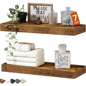 QEEIG Bathroom Floating Shelves for Wall - 15.7" Wall Mounted Shelf Over Toilet Farmhouse Home Decor Display Bookshelf Small 15.7 x 6.7 inch Set of 2, Rustic Brown (008-40BN)