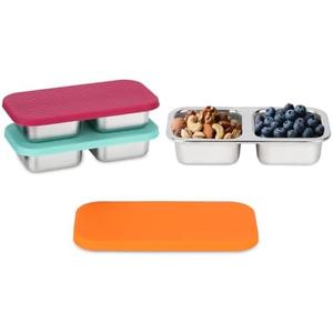 SUMERX 3 Pack Stainless Steel Snack Containers with Lids, 2 Compartment Snack Pack Containers, Reusable Food Storage Containers for Travel, Outdoor, Camping(Orange/Red/Blue)