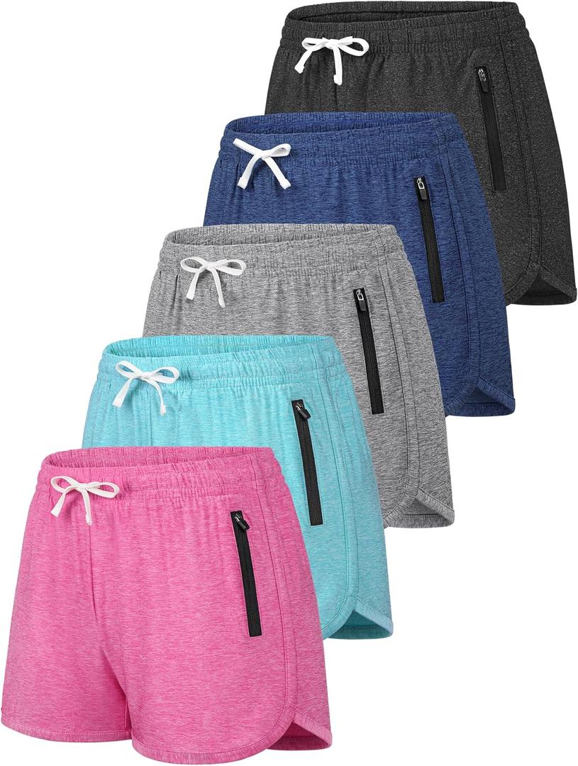 QWE 5 Pack Girls Athletic Shorts with Lock-Zip Pockets, Secure No-Slip Gym Dry-Fit Soccer Shorts for Youth Set A 10-12Years