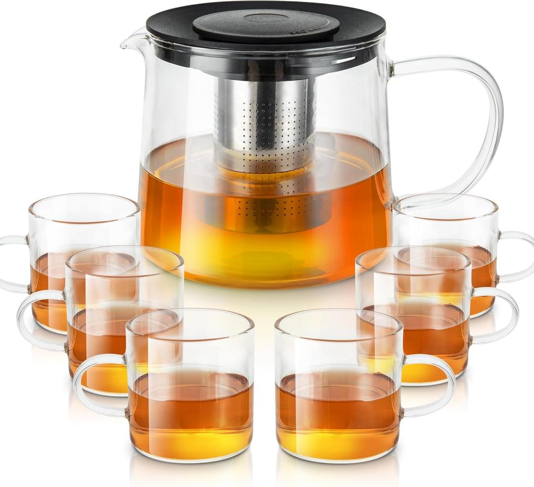 Glass Teapot 51oz/1500ml with Pack of 6 Tea Cups Gift Set, Removable Stainless Steel Infuser Tea pot, Heatproof Borosilicate Glass Tea Make, Stovetop Safe Glass Tea Kettle for Loose and Blooming Leaf Tea