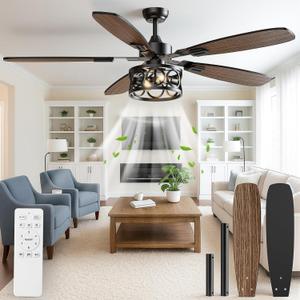 Ceiling Fans with Lights and Remote, 52'' Vintage Caged Ceiling Fan with Light, 5 Blades, 6+1 Speed, Flush Mount Ceiling Fan Whisper-quiet for Farmhouse, Living Room, Kitchen and Porch (52 Inch)