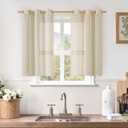 2LAMIT Short Linen Curtains 40 Inch Length for Kitchen, Semi Sheer Light Filtering Window Curtains Farmhouse Boho Bronze Grommet Panels for Cafe/RV Camper, Linen, 2 Panels, 34 x 40 Inch