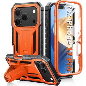 FNTCASE for iPhone 17 Pro Case: Military Grade Drop Proof Protection Mobile Cover with Kickstand | Matte Textured Rugged Shockproof TPU | Protective Sturdy iPhone 17 Pro Phone Cases 2025 - Orange