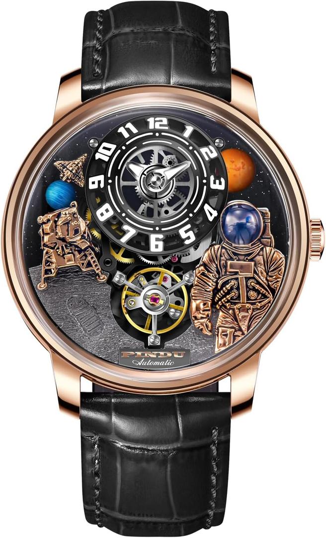 Space Station Automatic Watches for Men, Unique 3D Astronaut Space Style, 5ATM Waterproof Skeleton Mechanical Watch with Leather Strap