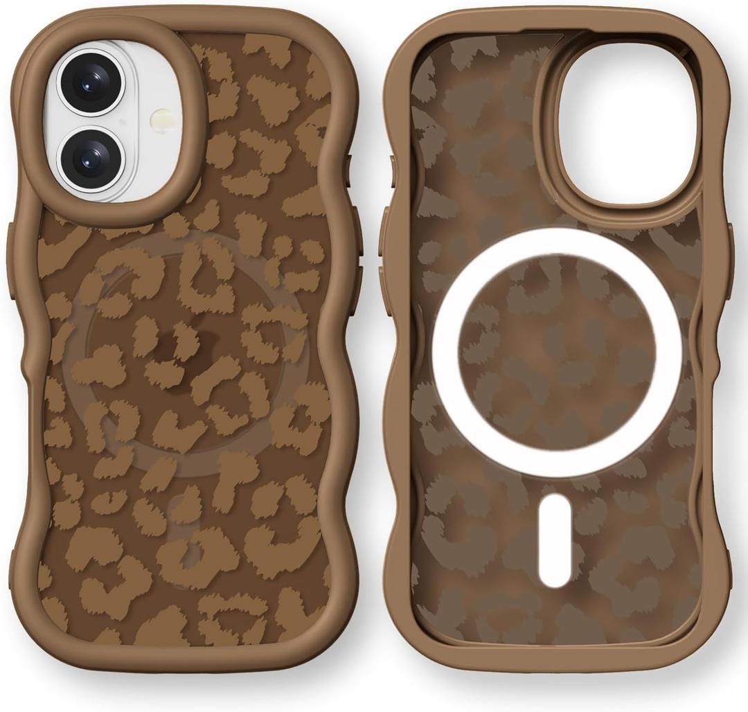 Bouvardia for iPhone 16 Case - Brown Wavy Shockproof Frame & Cheetah Leopard Print Pattern - Compatible with Magsafe - Anesthetic Cute Design for Women and Girls
