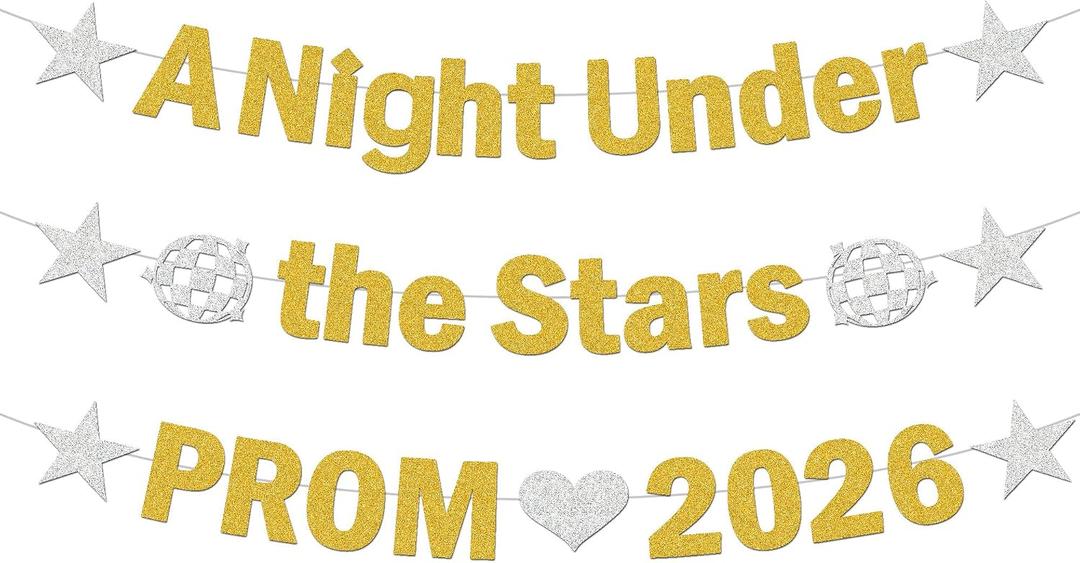 Prom 2026 Decorations Banner Set - Gold Silver Glitter A Night Under the Stars High School College Prom Decoration, Class of 2026 Party Supplies for Graduation