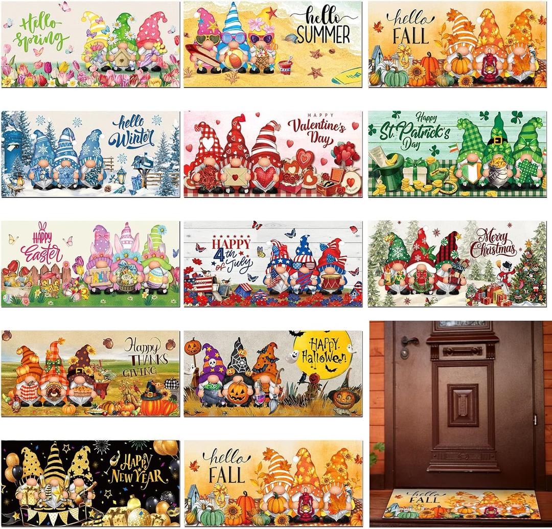 Tinideya 12 Pcs Seasonal Doormats for All Season, Interchangeable 10 x 22 Inches Spring Easter Welcome Doormats Decorative Festival Indoor Outdoor Non Slip Mats for All Holidays(Gnome Style)